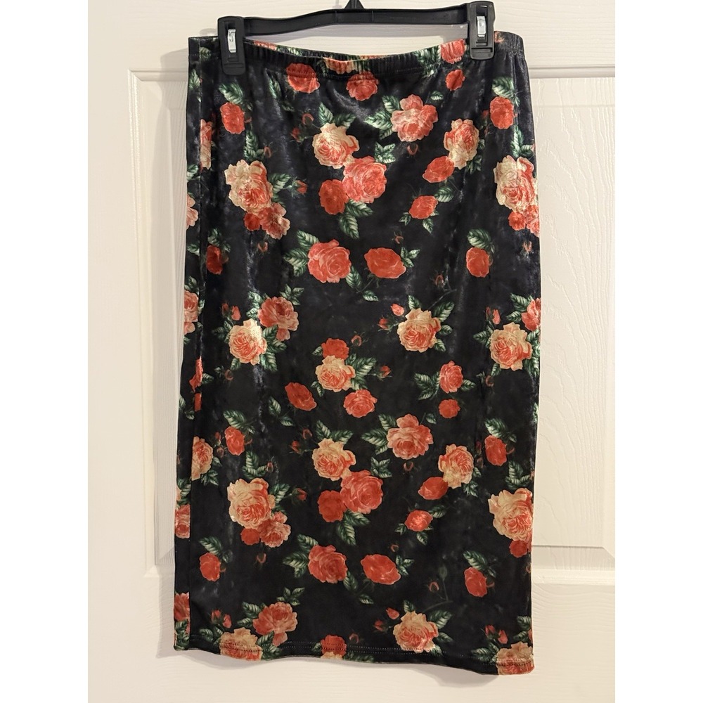 Romantic Black Red Velvet Floral Pencil Skirt XL Elastic Waist Knee Length